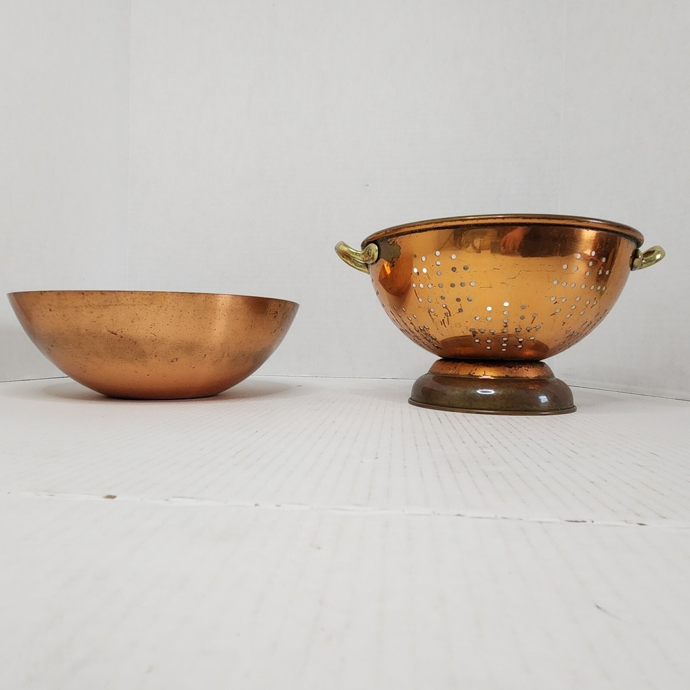 Viking Denmark Copper Bowl VTG + Copper Colander Primitive Farm Kitchen Decor